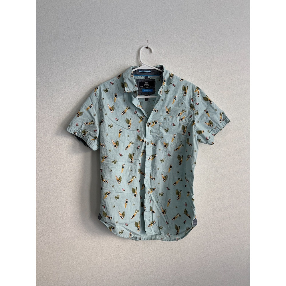 MBX Premium Goods Shirt Mens Small Light Blue Beer Bottle Palm Tree Button Down